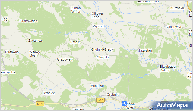 mapa Chojniki gmina Olszewo-Borki, Chojniki gmina Olszewo-Borki na mapie Targeo