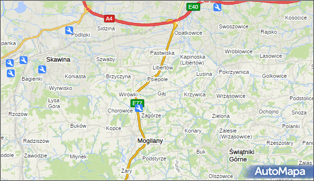 mapa Gaj gmina Mogilany, Gaj gmina Mogilany na mapie Targeo
