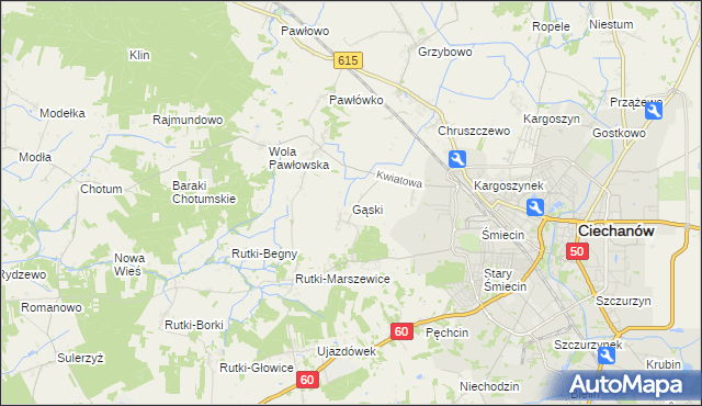 mapa Gąski gmina Ciechanów, Gąski gmina Ciechanów na mapie Targeo