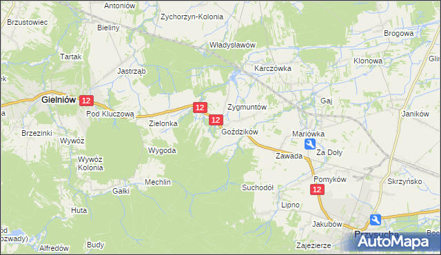 mapa Goździków gmina Gielniów, Goździków gmina Gielniów na mapie Targeo