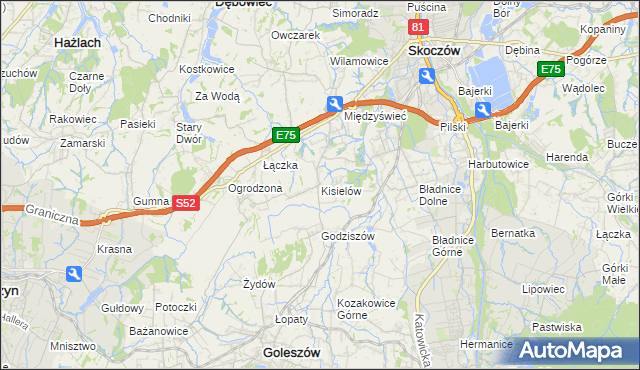 mapa Kisielów gmina Goleszów, Kisielów gmina Goleszów na mapie Targeo