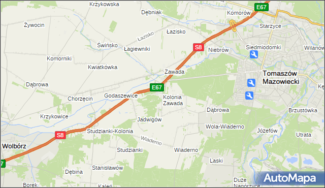 mapa Kolonia Zawada gmina Tomaszów Mazowiecki, Kolonia Zawada gmina Tomaszów Mazowiecki na mapie Targeo