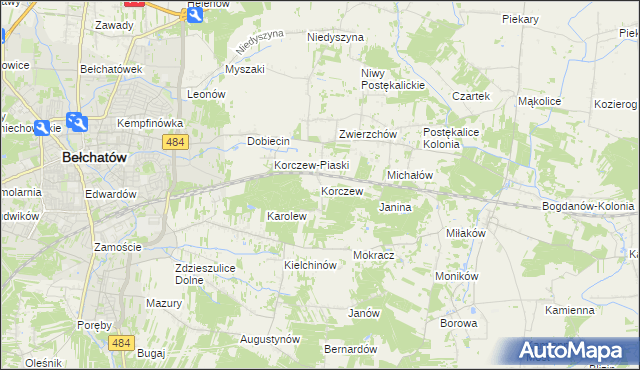 mapa Korczew gmina Bełchatów, Korczew gmina Bełchatów na mapie Targeo