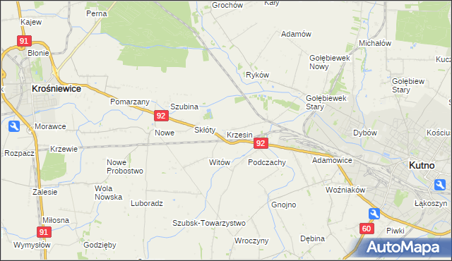 mapa Krzesin gmina Kutno, Krzesin gmina Kutno na mapie Targeo