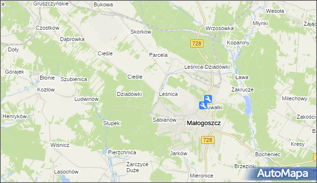 mapa Leśnica gmina Małogoszcz, Leśnica gmina Małogoszcz na mapie Targeo