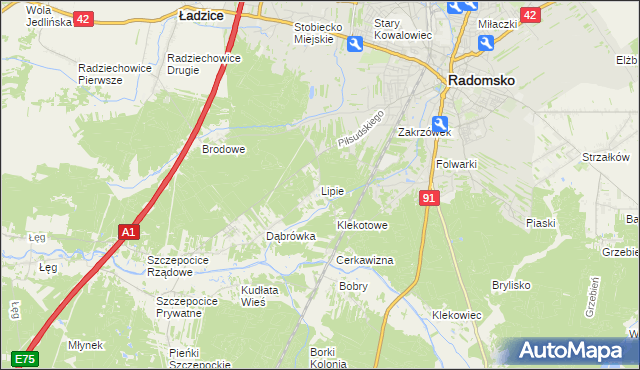 mapa Lipie gmina Radomsko, Lipie gmina Radomsko na mapie Targeo