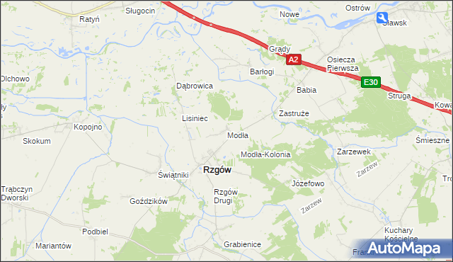 mapa Modła gmina Rzgów, Modła gmina Rzgów na mapie Targeo