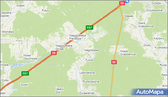 mapa Nagoszewo gmina Ostrów Mazowiecka, Nagoszewo gmina Ostrów Mazowiecka na mapie Targeo