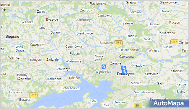 mapa Nowa Wieś gmina Dobczyce, Nowa Wieś gmina Dobczyce na mapie Targeo