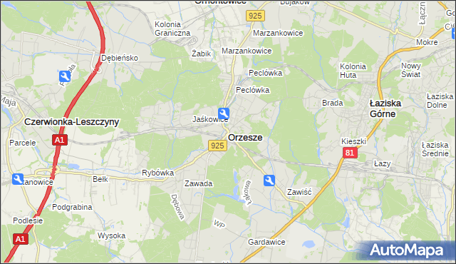 mapa Orzesze powiat mikołowski, Orzesze powiat mikołowski na mapie Targeo