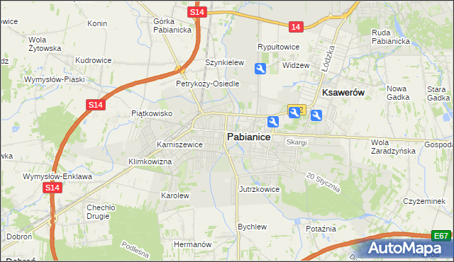 mapa Pabianic, Pabianice na mapie Targeo