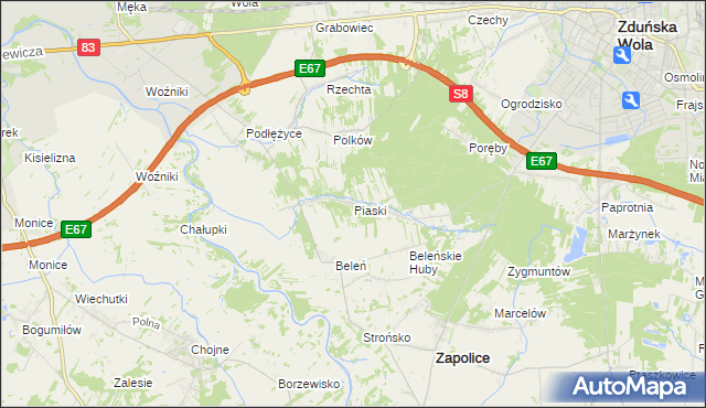 mapa Piaski gmina Zduńska Wola, Piaski gmina Zduńska Wola na mapie Targeo