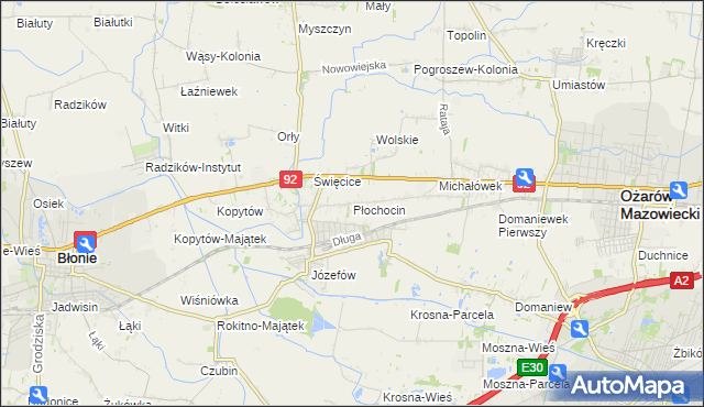 mapa Płochocin gmina Ożarów Mazowiecki, Płochocin gmina Ożarów Mazowiecki na mapie Targeo