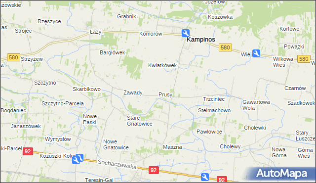 mapa Prusy gmina Kampinos, Prusy gmina Kampinos na mapie Targeo