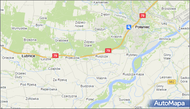 mapa Ruszcza gmina Połaniec, Ruszcza gmina Połaniec na mapie Targeo