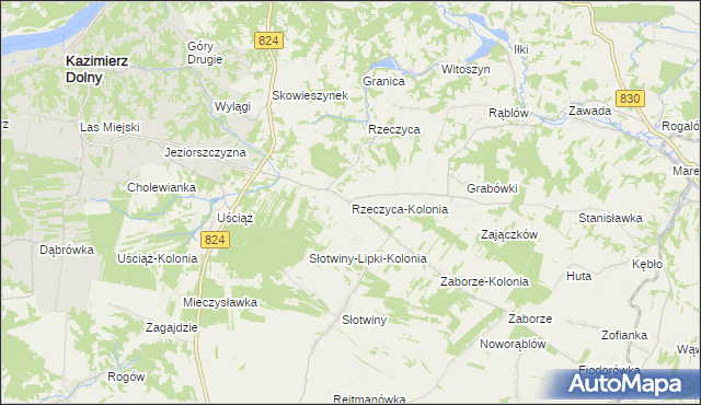 mapa Rzeczyca-Kolonia gmina Kazimierz Dolny, Rzeczyca-Kolonia gmina Kazimierz Dolny na mapie Targeo