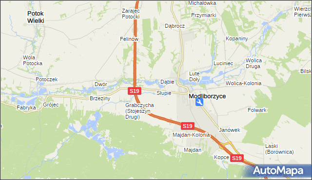 mapa Słupie gmina Modliborzyce, Słupie gmina Modliborzyce na mapie Targeo