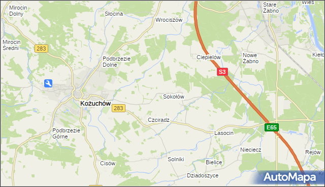 mapa Sokołów gmina Kożuchów, Sokołów gmina Kożuchów na mapie Targeo