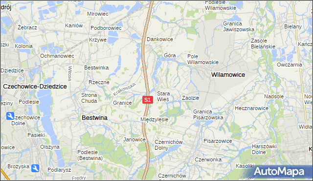 mapa Stara Wieś gmina Wilamowice, Stara Wieś gmina Wilamowice na mapie Targeo