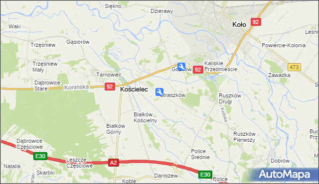 mapa Straszków gmina Kościelec, Straszków gmina Kościelec na mapie Targeo