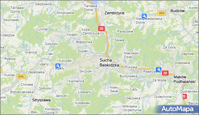 mapa Sucha Beskidzka, Sucha Beskidzka na mapie Targeo