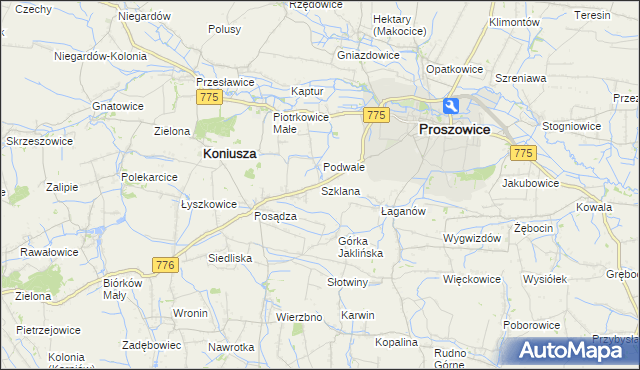 mapa Szklana gmina Proszowice, Szklana gmina Proszowice na mapie Targeo