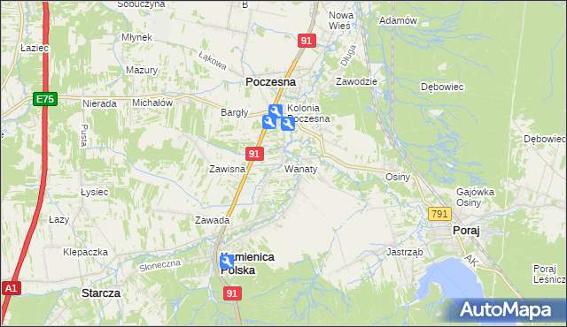 mapa Wanaty gmina Kamienica Polska, Wanaty gmina Kamienica Polska na mapie Targeo
