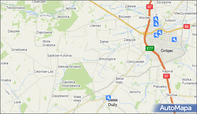 mapa Wilczogóra gmina Belsk Duży, Wilczogóra gmina Belsk Duży na mapie Targeo