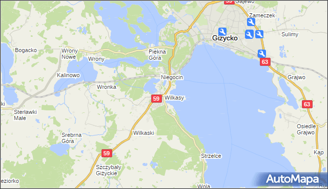 mapa Wilkasy gmina Giżycko, Wilkasy gmina Giżycko na mapie Targeo