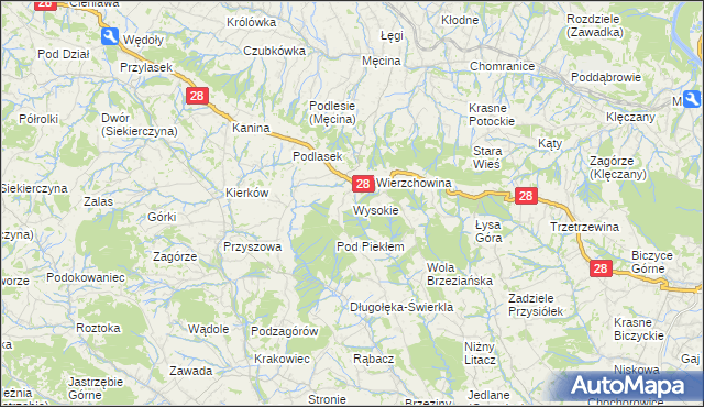 mapa Wysokie gmina Limanowa, Wysokie gmina Limanowa na mapie Targeo