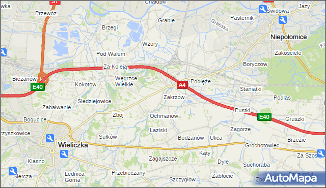 mapa Zakrzów gmina Niepołomice, Zakrzów gmina Niepołomice na mapie Targeo