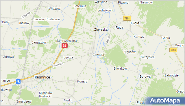 mapa Zawada gmina Kłomnice, Zawada gmina Kłomnice na mapie Targeo