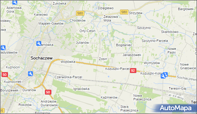 mapa Zosin gmina Sochaczew, Zosin gmina Sochaczew na mapie Targeo