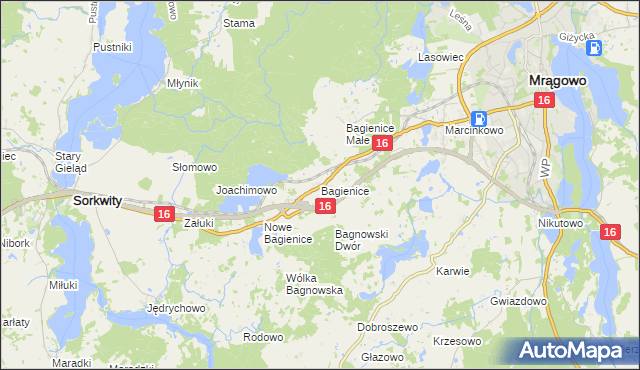 mapa Bagienice gmina Mrągowo, Bagienice gmina Mrągowo na mapie Targeo