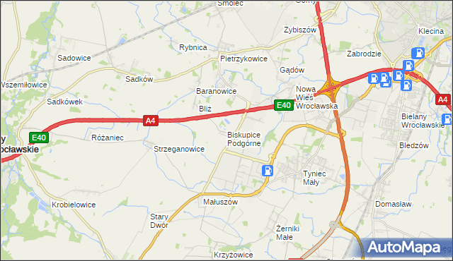 mapa Biskupice Podgórne, Biskupice Podgórne na mapie Targeo