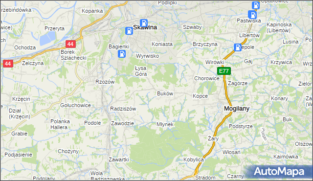mapa Buków gmina Mogilany, Buków gmina Mogilany na mapie Targeo