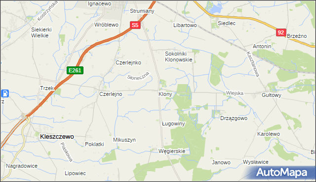 mapa Klony gmina Kostrzyn, Klony gmina Kostrzyn na mapie Targeo