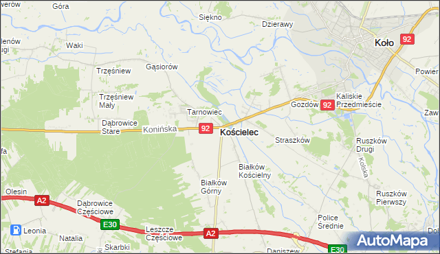 mapa Kościelec powiat kolski, Kościelec powiat kolski na mapie Targeo