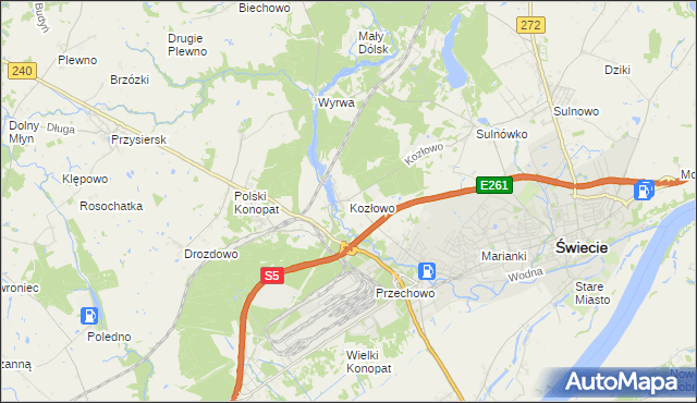 mapa Kozłowo gmina Świecie, Kozłowo gmina Świecie na mapie Targeo