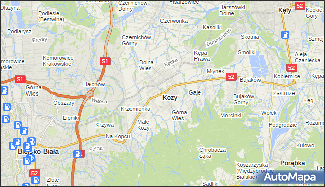 mapa Kozy powiat bielski, Kozy powiat bielski na mapie Targeo