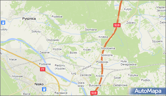 mapa Krzaki gmina Pysznica, Krzaki gmina Pysznica na mapie Targeo