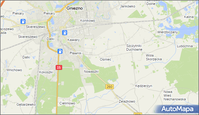 mapa Osiniec gmina Gniezno, Osiniec gmina Gniezno na mapie Targeo