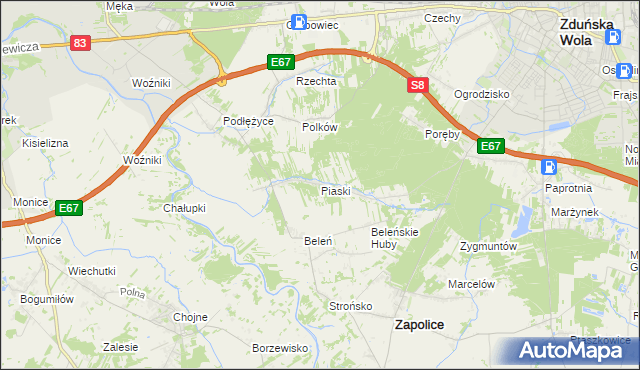 mapa Piaski gmina Zduńska Wola, Piaski gmina Zduńska Wola na mapie Targeo