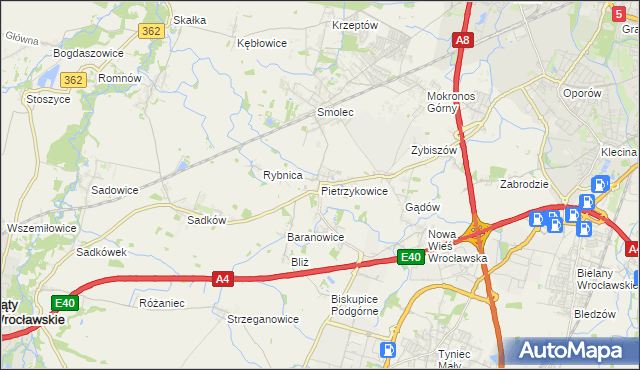 mapa Pietrzykowice gmina Kąty Wrocławskie, Pietrzykowice gmina Kąty Wrocławskie na mapie Targeo