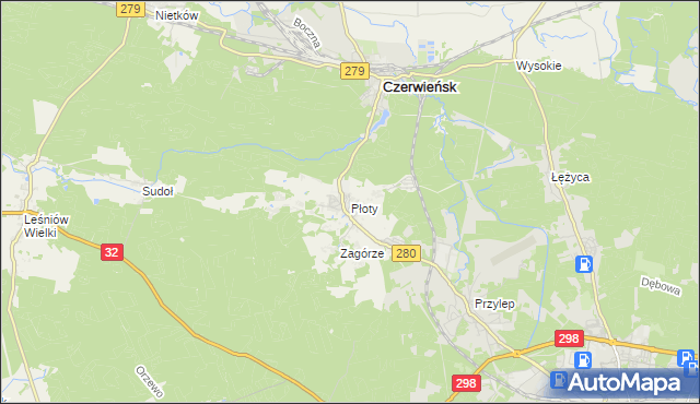 mapa Płoty gmina Czerwieńsk, Płoty gmina Czerwieńsk na mapie Targeo