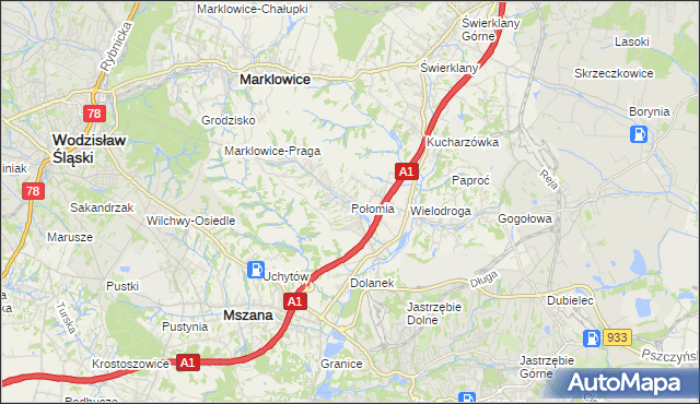 mapa Połomia gmina Mszana, Połomia gmina Mszana na mapie Targeo
