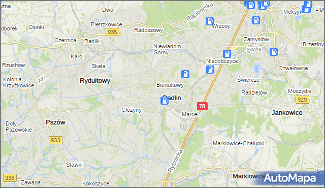 mapa Radlin powiat wodzisławski, Radlin powiat wodzisławski na mapie Targeo