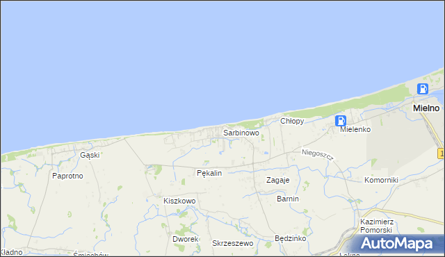 mapa Sarbinowo gmina Mielno, Sarbinowo gmina Mielno na mapie Targeo