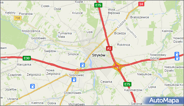 mapa Stryków powiat zgierski, Stryków powiat zgierski na mapie Targeo