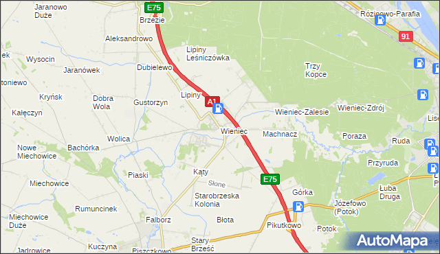 mapa Wieniec gmina Brześć Kujawski, Wieniec gmina Brześć Kujawski na mapie Targeo